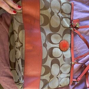 Coach Signature Pattern Shoulder Bag with Red Accents